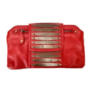 RomyGold Red Genuine Leather Metal Flap Clutch Bag Zip Closure Evening Bag